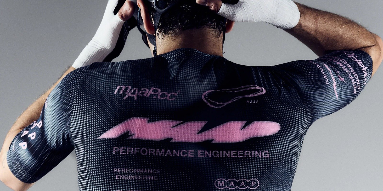 Close-up of a MAAP performance cycling jersey